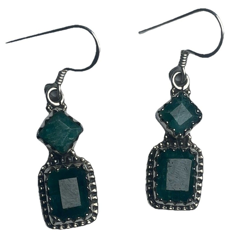 Vintage Sterling Silver Raw Emerald Drop Earrings 925 Bezel Dangle Boho Gift